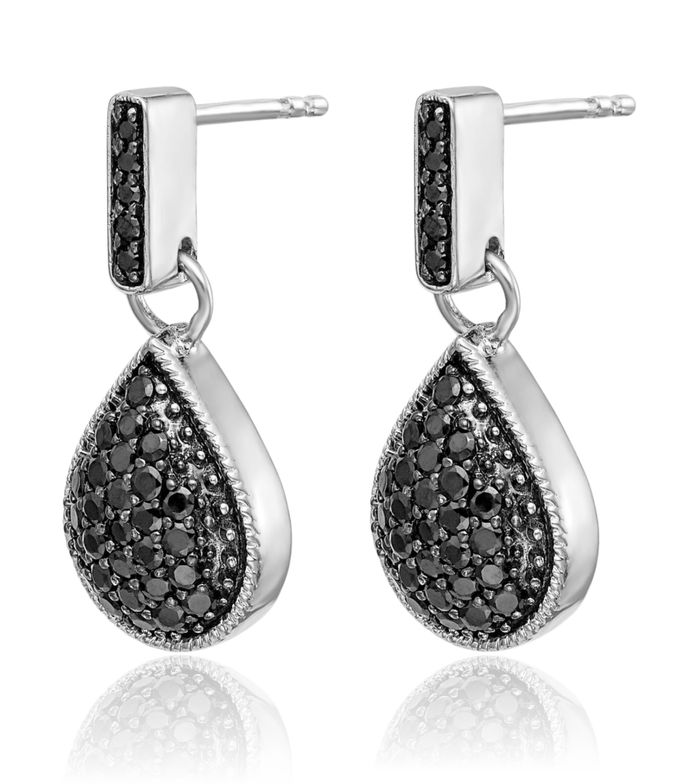 14K Solid White Gold Diamond Black Teardrop Drop Dangle Earrings