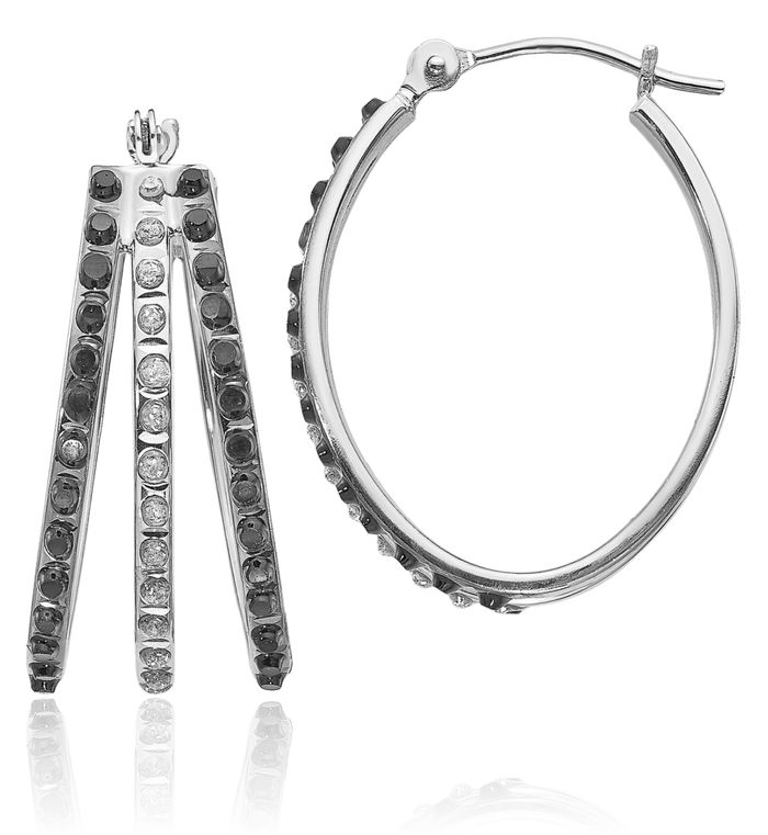 14K Solid White Gold Diamond Black W Triple Oval Medium Hoop Earrings Ear