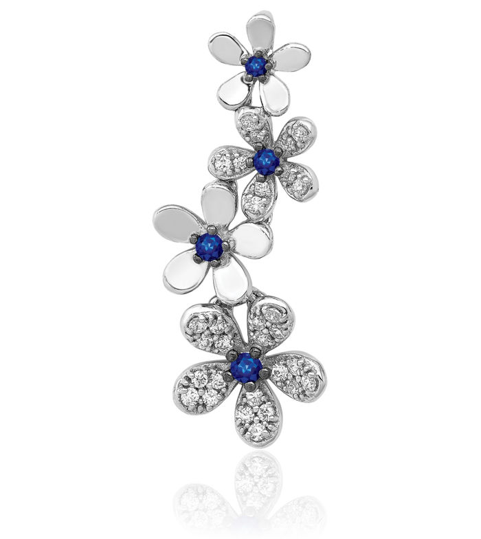 14K Solid White Gold Diamond Blue Sapphire 4 Flowers Necklace Charm Gemstone Pendant