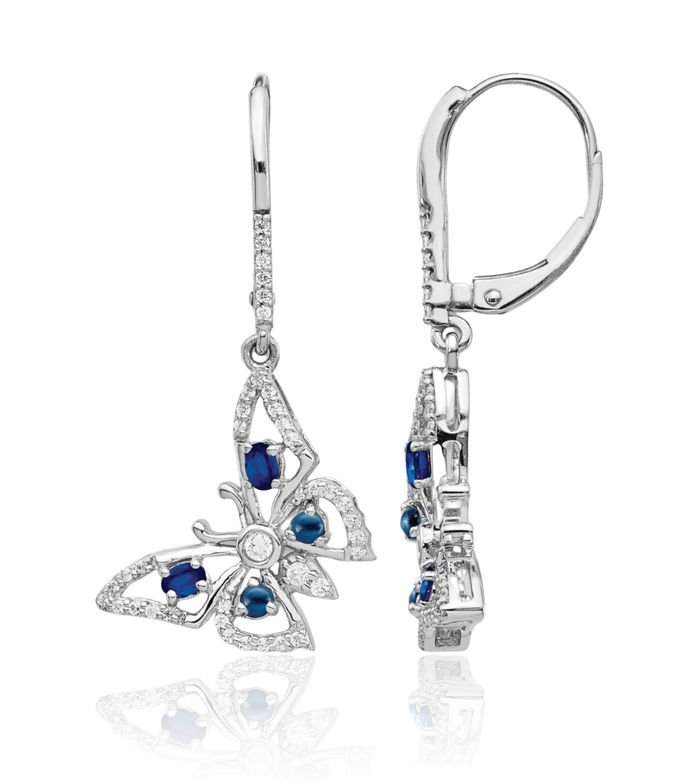 14K Solid White Gold Diamond Blue Sapphire Butterfly Wings Drop Dangle Earrings September Birthstone Jewelry