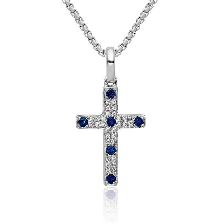 14K Solid White Gold Diamond Blue Sapphire Latin Mexican Holy Cross Necklace Religious Chain Pendant Jesus Christ Charm