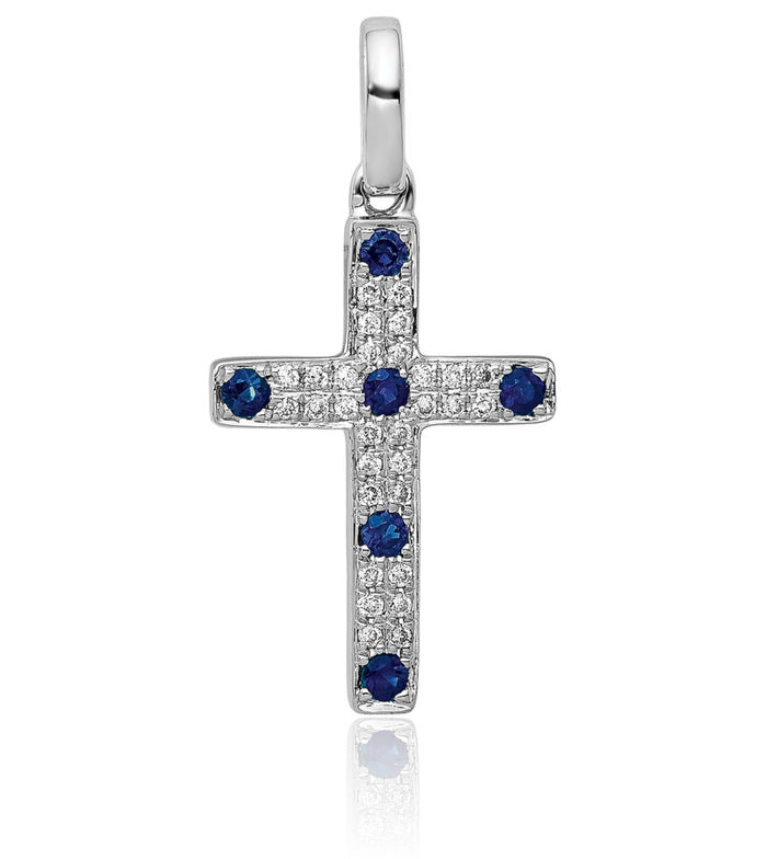 14K Solid White Gold Diamond Blue Sapphire Latin Mexican Holy Cross Necklace Religious Chain Pendant Jesus Christ Charm