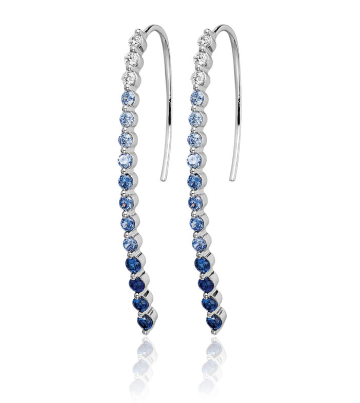 14K Solid White Gold Diamond Blue Sapphire Drop Dangle Earrings Gemstone Threader