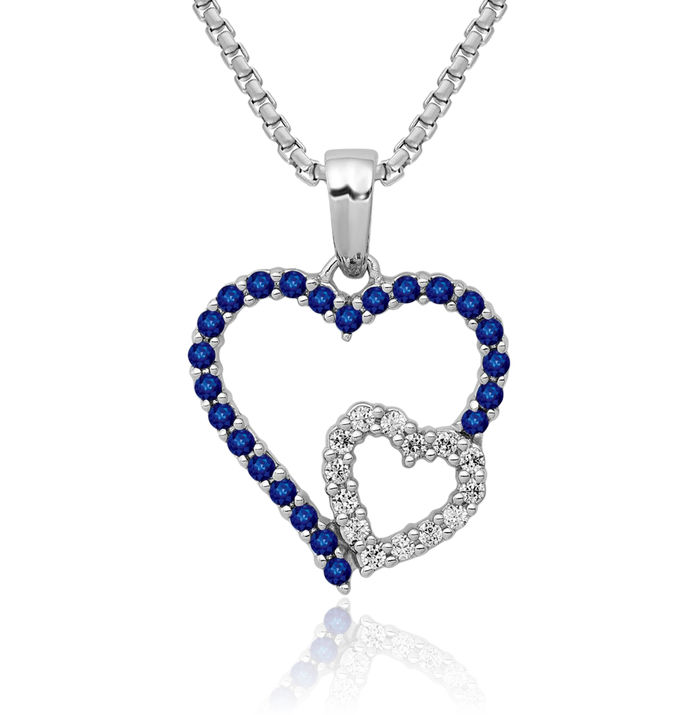 14K Solid White Gold Diamond Blue Sapphire Double Heart Necklace Gemstone Pendant Charm