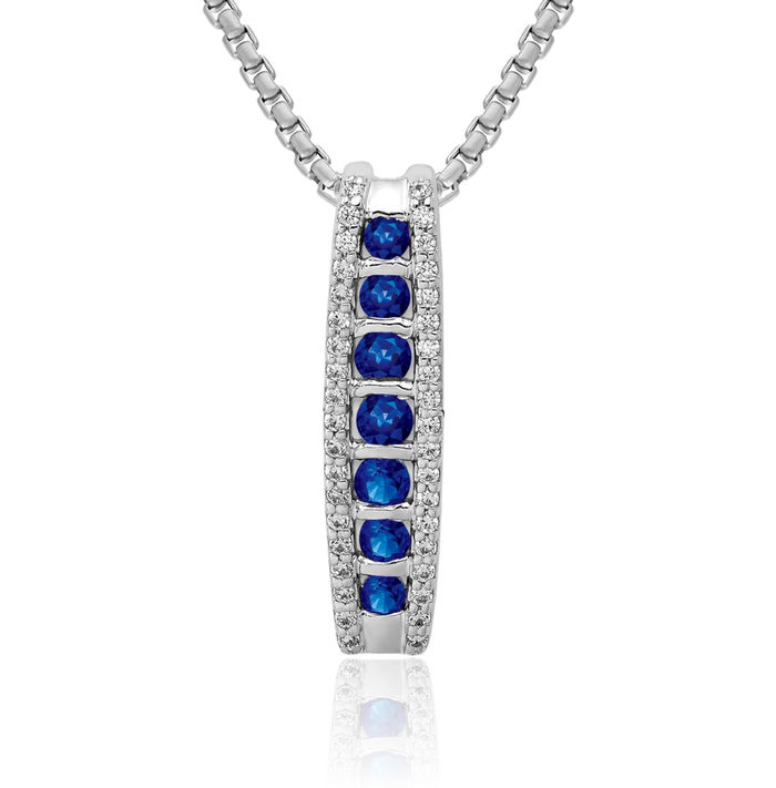 14K Solid White Gold Diamond Blue Sapphire Floating Chain Slide Gemstone Pendant Necklace Charm