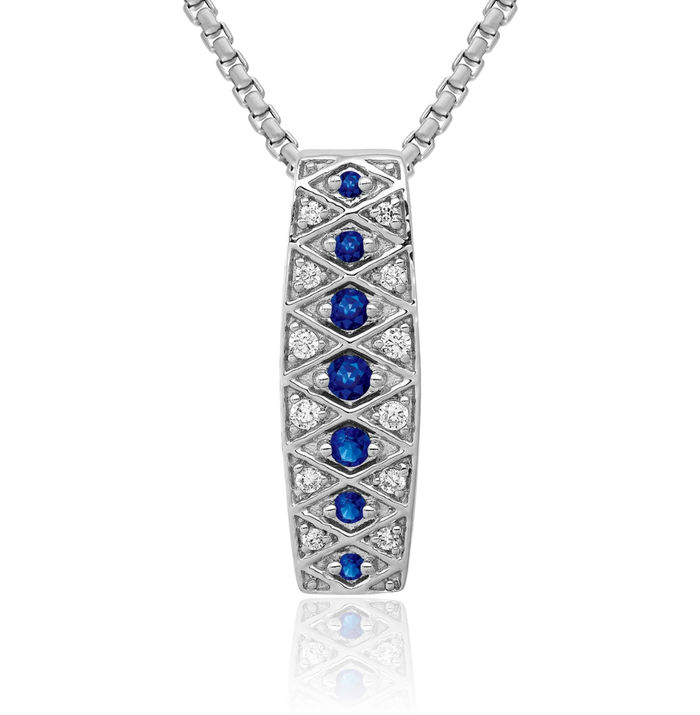 14K Solid White Gold Diamond Blue Sapphire Floating Chain Slide Gemstone Pendant Necklace Charm