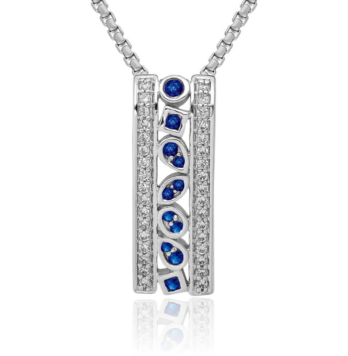 14K Solid White Gold Diamond Blue Sapphire Floating Chain Slide Gemstone Pendant Necklace Charm