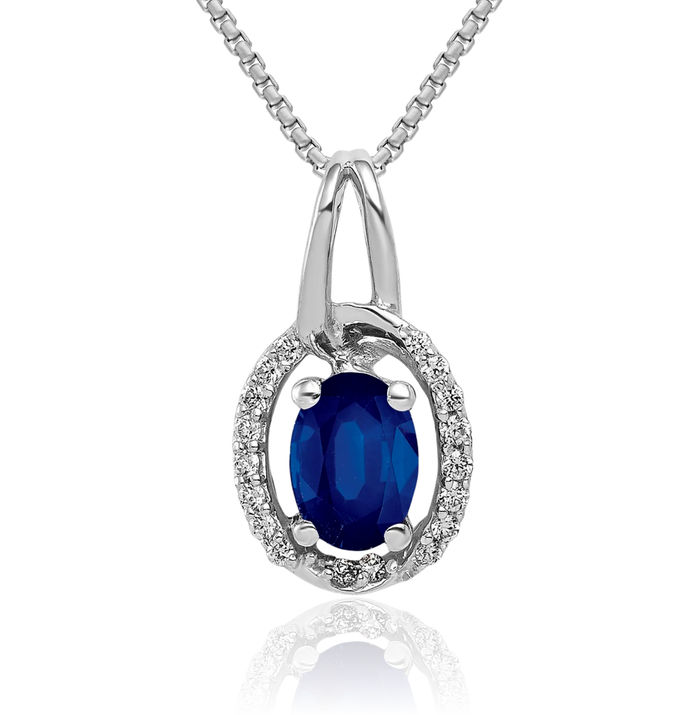 14K Solid White Gold Diamond Blue Sapphire Halo Round Necklace Gemstone Pendant Charm