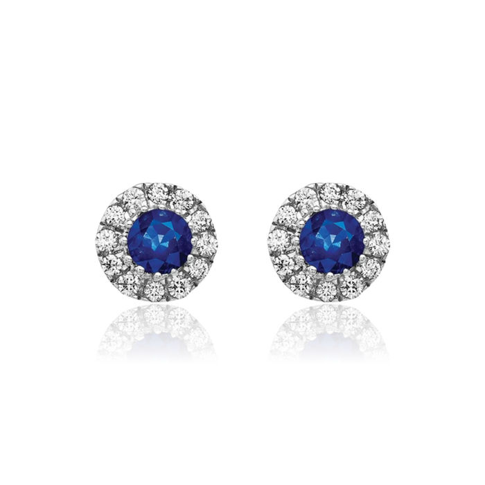 14K Solid White Gold Diamond Blue Sapphire Halo Round Studs Gemstone Earrings