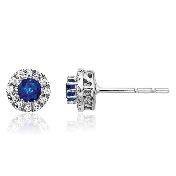 14K Solid White Gold Diamond Blue Sapphire Halo Round Studs Gemstone Earrings