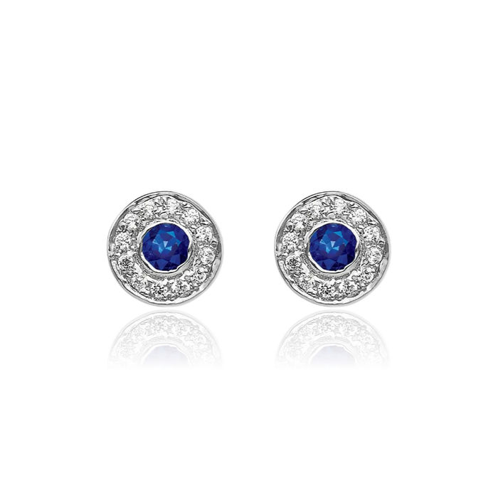 14K Solid White Gold Diamond Blue Sapphire Halo Round Studs Gemstone Earrings