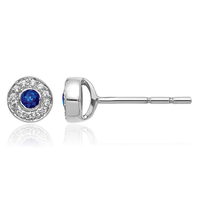 14K Solid White Gold Diamond Blue Sapphire Halo Round Studs Gemstone Earrings