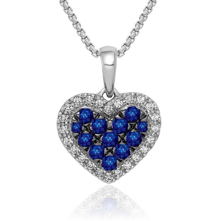 14K Solid White Gold Diamond Blue Sapphire Heart Necklace Gemstone Pendant Charm