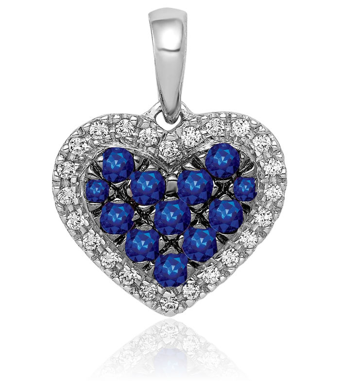 14K Solid White Gold Diamond Blue Sapphire Heart Necklace Gemstone Pendant Charm