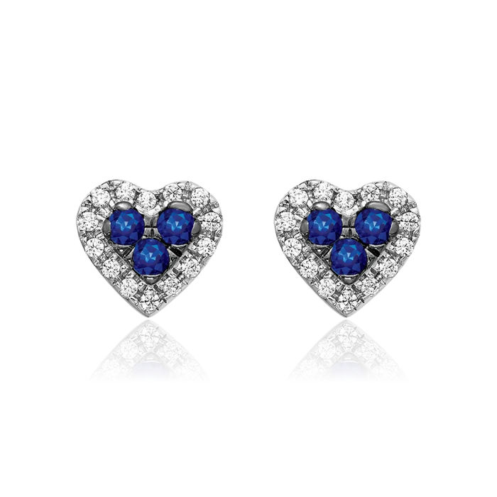 14K Solid White Gold Diamond Blue Sapphire Heart Stud Earrings Gemstone Post Push Back