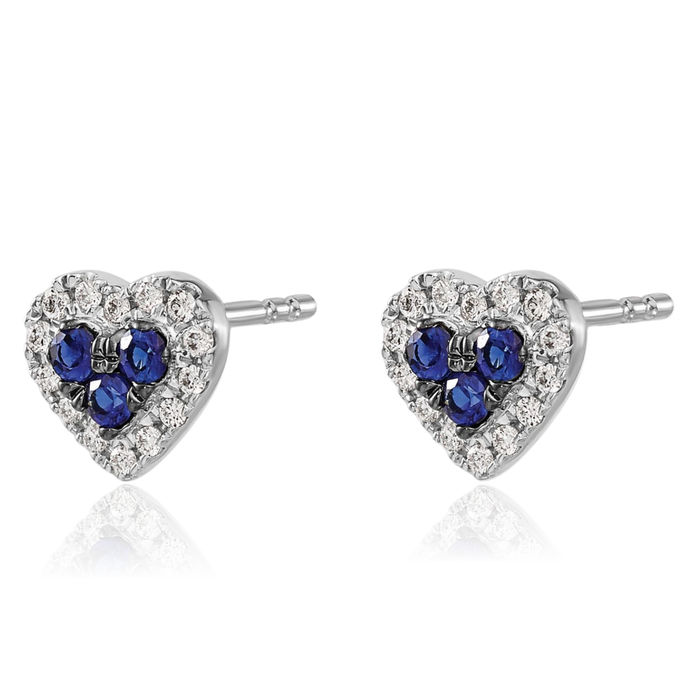 14K Solid White Gold Diamond Blue Sapphire Heart Stud Earrings Gemstone Post Push Back