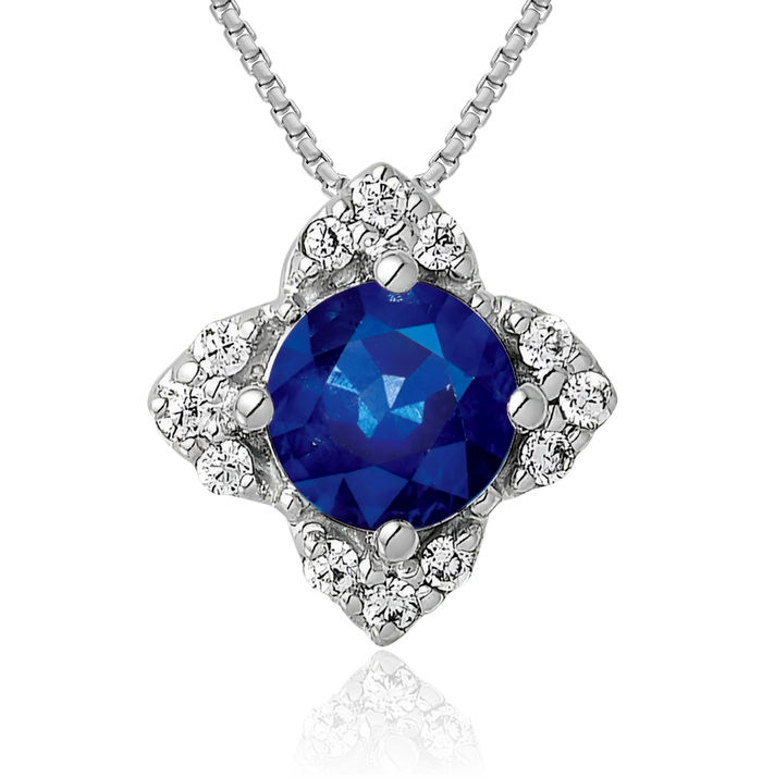 14K Solid White Gold Diamond Blue Sapphire Necklace Gemstone Pendant Charm