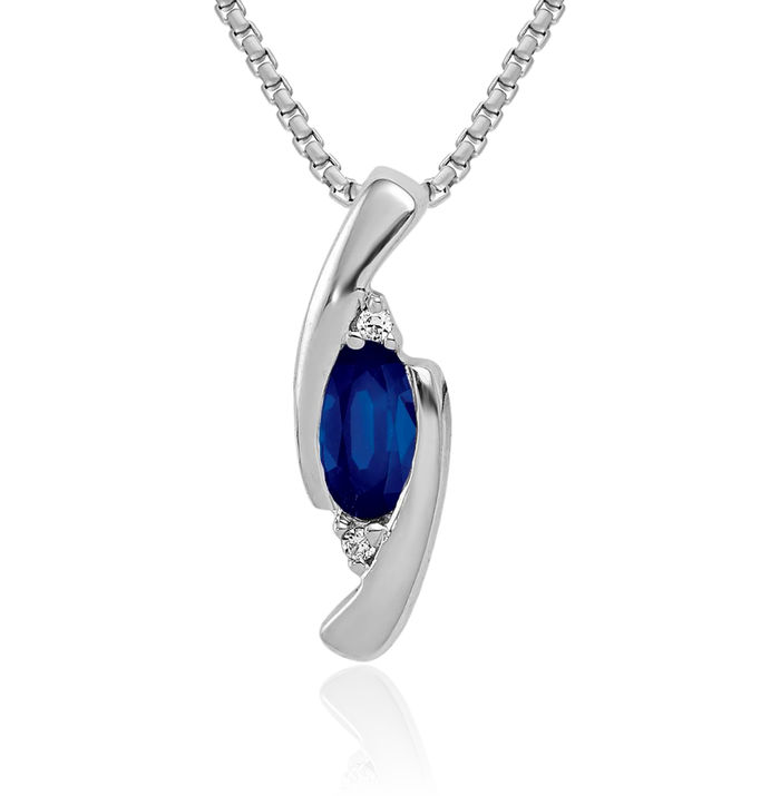 14K Solid White Gold Diamond Blue Sapphire Necklace Charm Gemstone Pendant