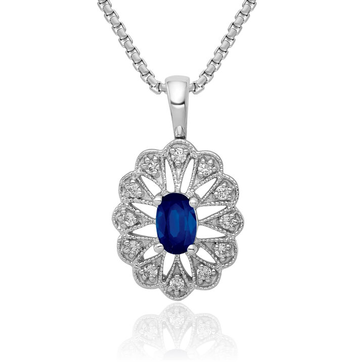 14K Solid White Gold Diamond Blue Sapphire Necklace Gemstone Pendant Charm September Birthstone Jewelry