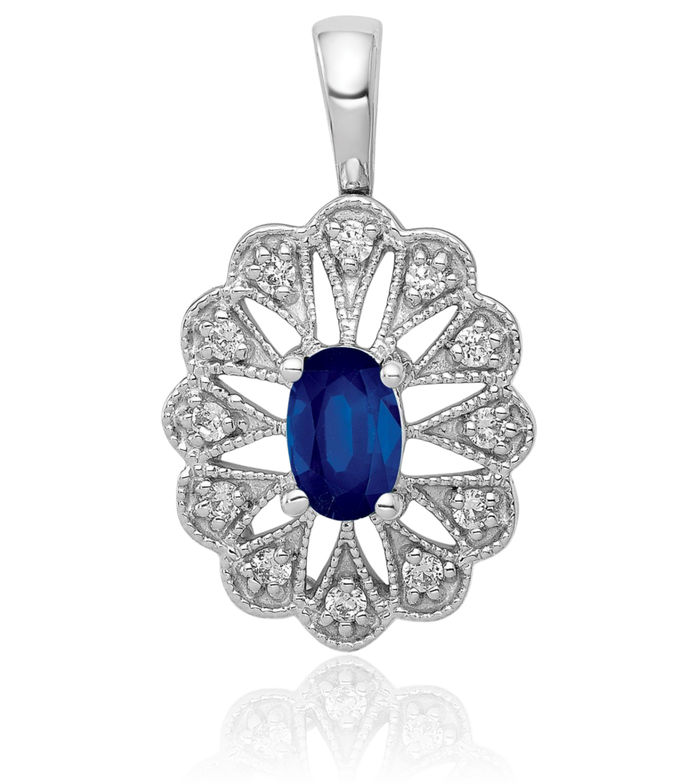 14K Solid White Gold Diamond Blue Sapphire Necklace Gemstone Pendant Charm September Birthstone Jewelry