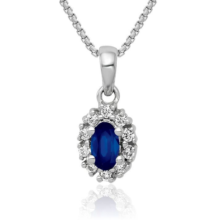 14K Solid White Gold Diamond Blue Sapphire Oval Halo Necklace Gemstone Pendant Charm