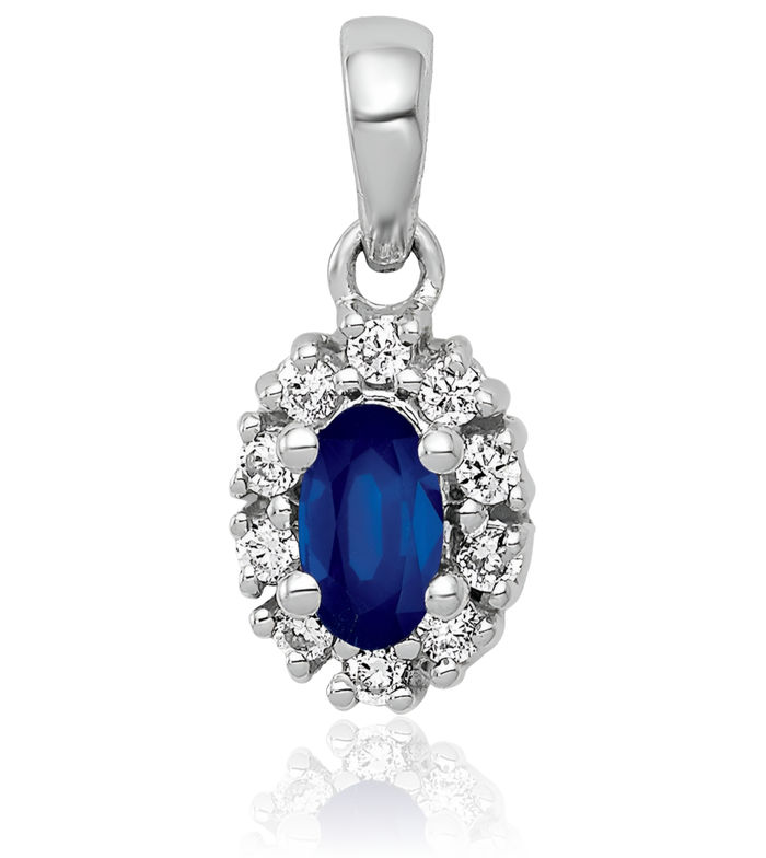 14K Solid White Gold Diamond Blue Sapphire Oval Halo Necklace Gemstone Pendant Charm