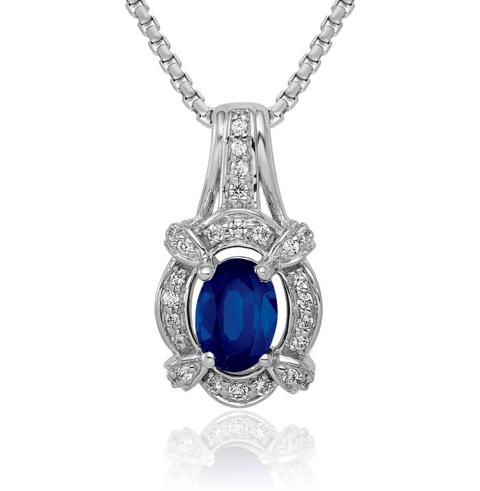 14K Solid White Gold Diamond Blue Sapphire Oval Necklace Charm Gemstone Pendant