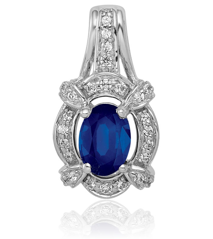 14K Solid White Gold Diamond Blue Sapphire Oval Necklace Charm Gemstone Pendant