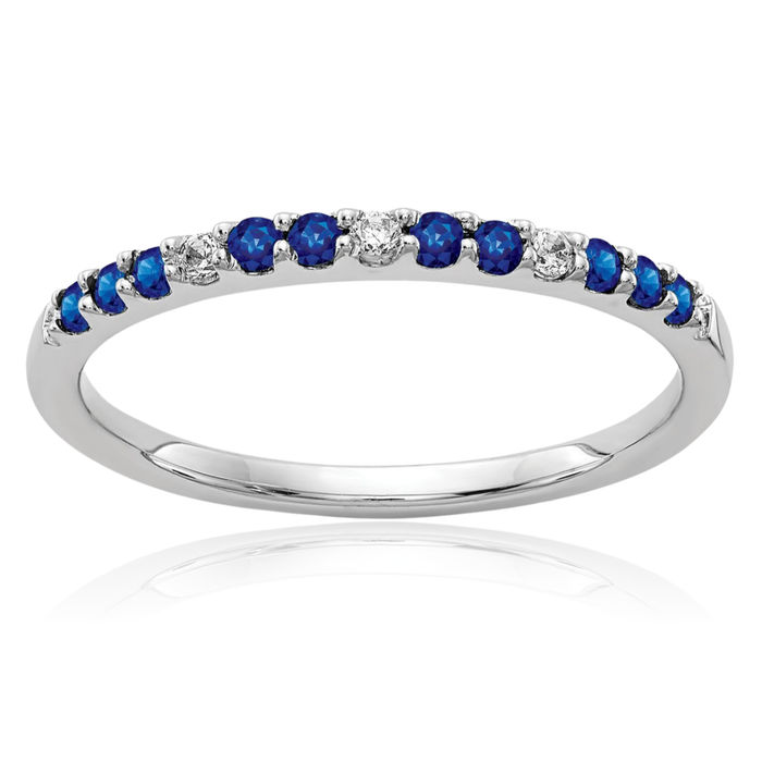 14K Solid White Gold Diamond Blue Sapphire Ring Gemstone Band