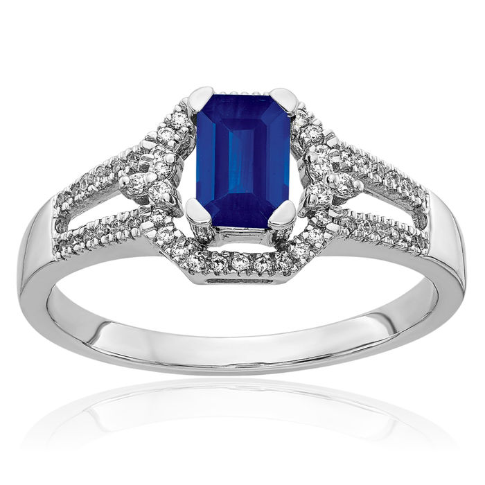 14K Solid White Gold Diamond Blue Sapphire Ring Gemstone Band September Birthstone Jewelry