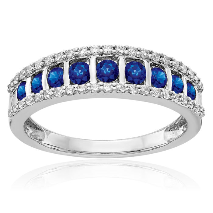 14K Solid White Gold Diamond Blue Sapphire Ring Gemstone Band September Birthstone Jewelry