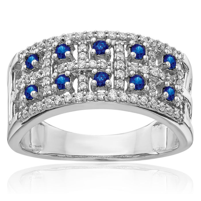14K Solid White Gold Diamond Blue Sapphire Ring Gemstone Band September Birthstone Jewelry