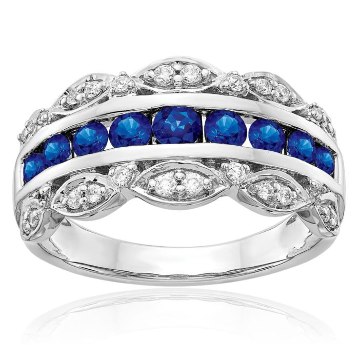 14K Solid White Gold Diamond Blue Sapphire Ring Gemstone Band September Birthstone Jewelry