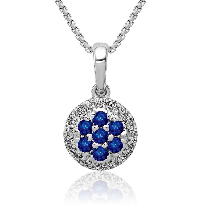 14K Solid White Gold Diamond Blue Sapphire Circle Round Necklace Gemstone Pendant Charm