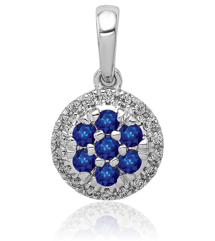 14K Solid White Gold Diamond Blue Sapphire Circle Round Necklace Gemstone Pendant Charm