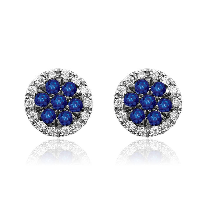 14K Solid White Gold Diamond Blue Sapphire Circle Round Stud Earrings Gemstone Post Push Back