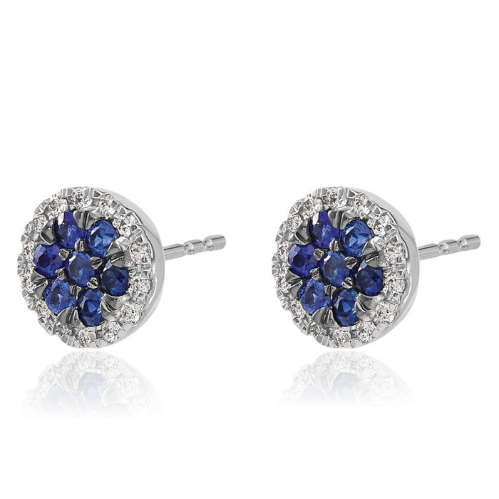 14K Solid White Gold Diamond Blue Sapphire Circle Round Stud Earrings Gemstone Post Push Back