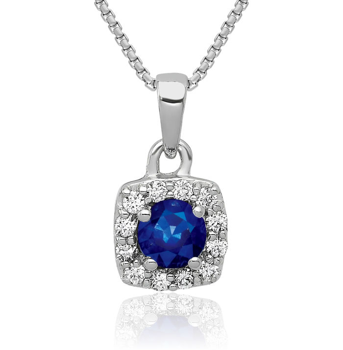 14K Solid White Gold Diamond Blue Sapphire Square Halo Round Necklace Gemstone Pendant Charm