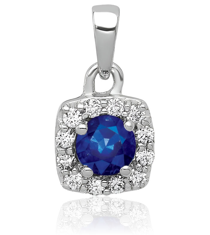 14K Solid White Gold Diamond Blue Sapphire Square Halo Round Necklace Gemstone Pendant Charm