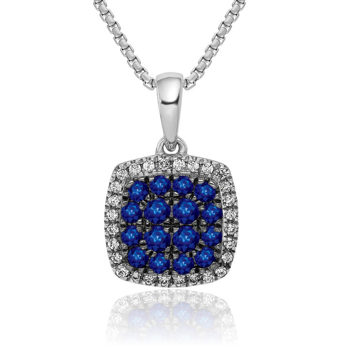 14K Solid White Gold Diamond Blue Sapphire Square Halo Round Necklace Gemstone Pendant Charm