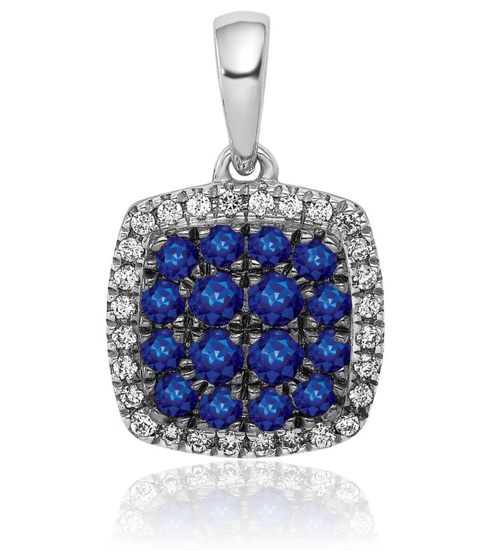 14K Solid White Gold Diamond Blue Sapphire Square Halo Round Necklace Gemstone Pendant Charm