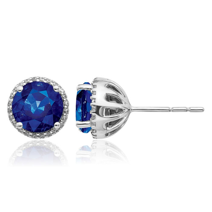 14K Solid White Gold Diamond Blue Sapphire Stud Earrings Gemstone Post Push Back