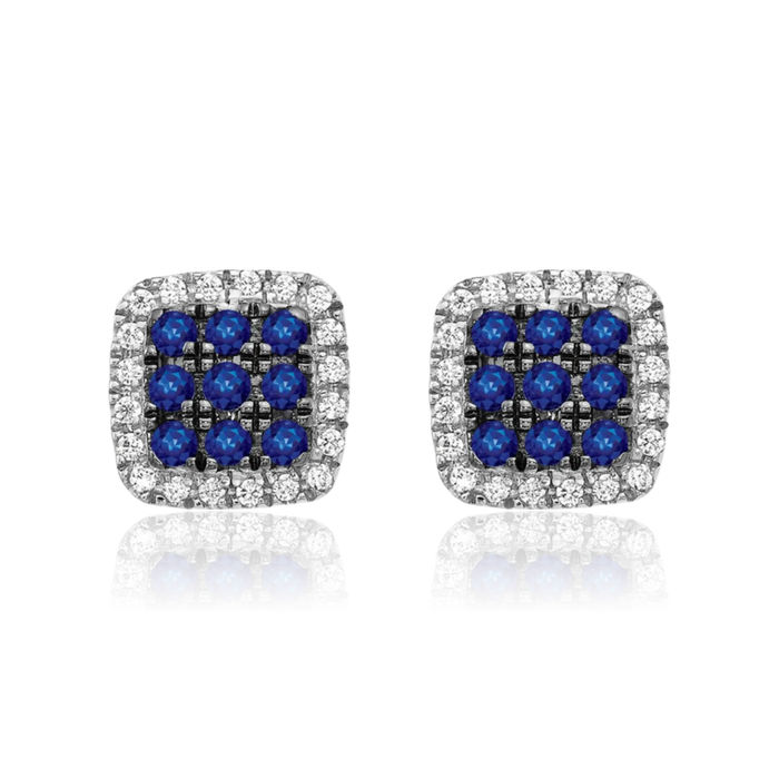 14K Solid White Gold Diamond Blue Sapphire Stud Earrings Gemstone Post Push Back