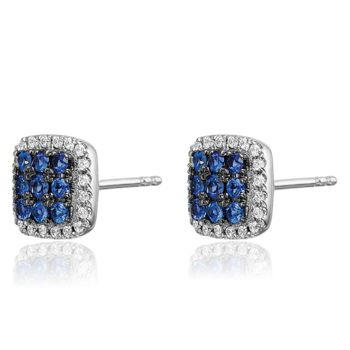 14K Solid White Gold Diamond Blue Sapphire Stud Earrings Gemstone Post Push Back