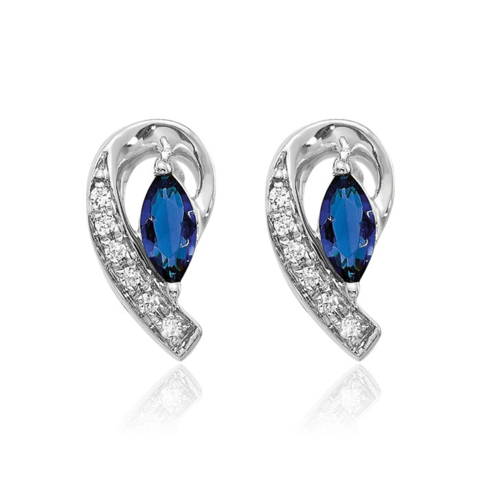 14K Solid White Gold Diamond Blue Sapphire Stud Earrings Gemstone Post Push Back