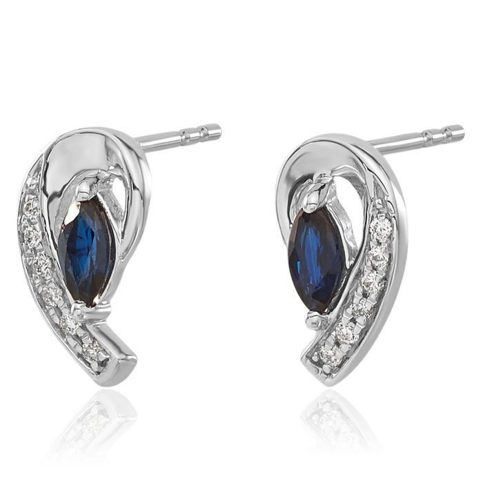 14K Solid White Gold Diamond Blue Sapphire Stud Earrings Gemstone Post Push Back