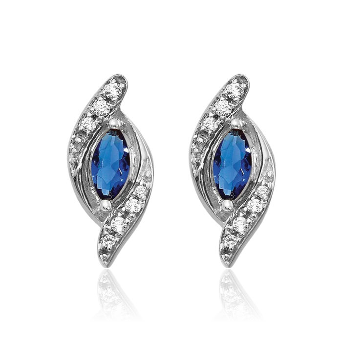 14K Solid White Gold Diamond Blue Sapphire Stud Earrings Gemstone Post Push Back