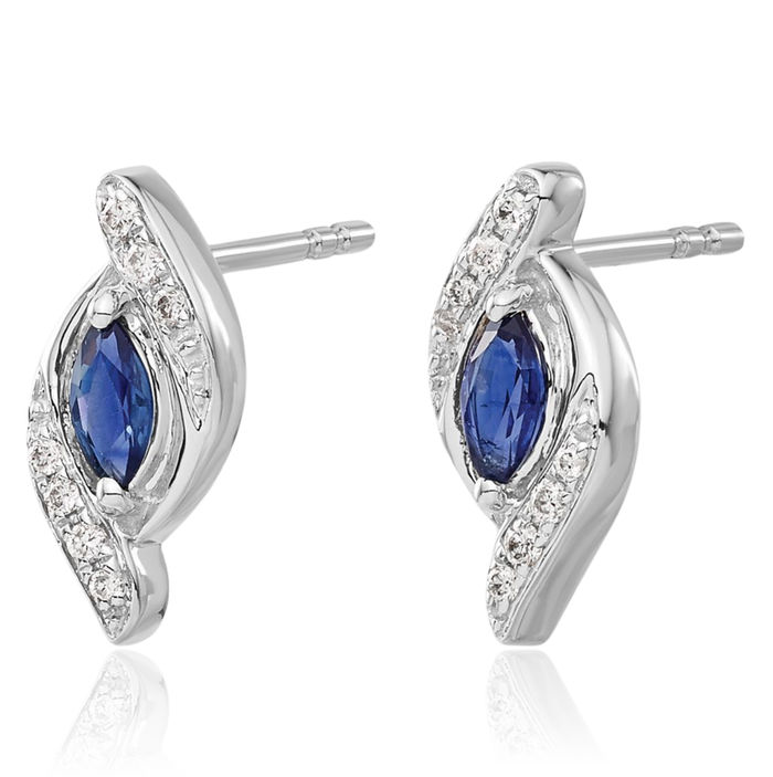 14K Solid White Gold Diamond Blue Sapphire Stud Earrings Gemstone Post Push Back