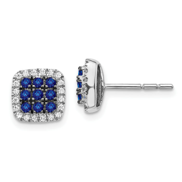 14K Solid White Gold Diamond Blue Sapphire Stud Earrings Gemstone Post Push Back