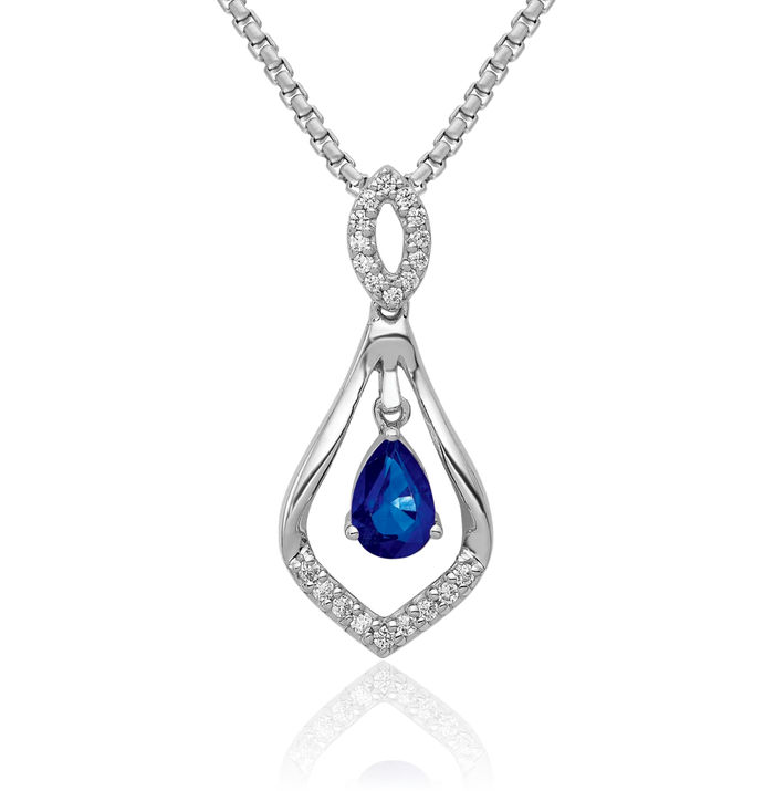 14K Solid White Gold Diamond Blue Sapphire Teardrop Dangling Necklace Gemstone Pendant Charm